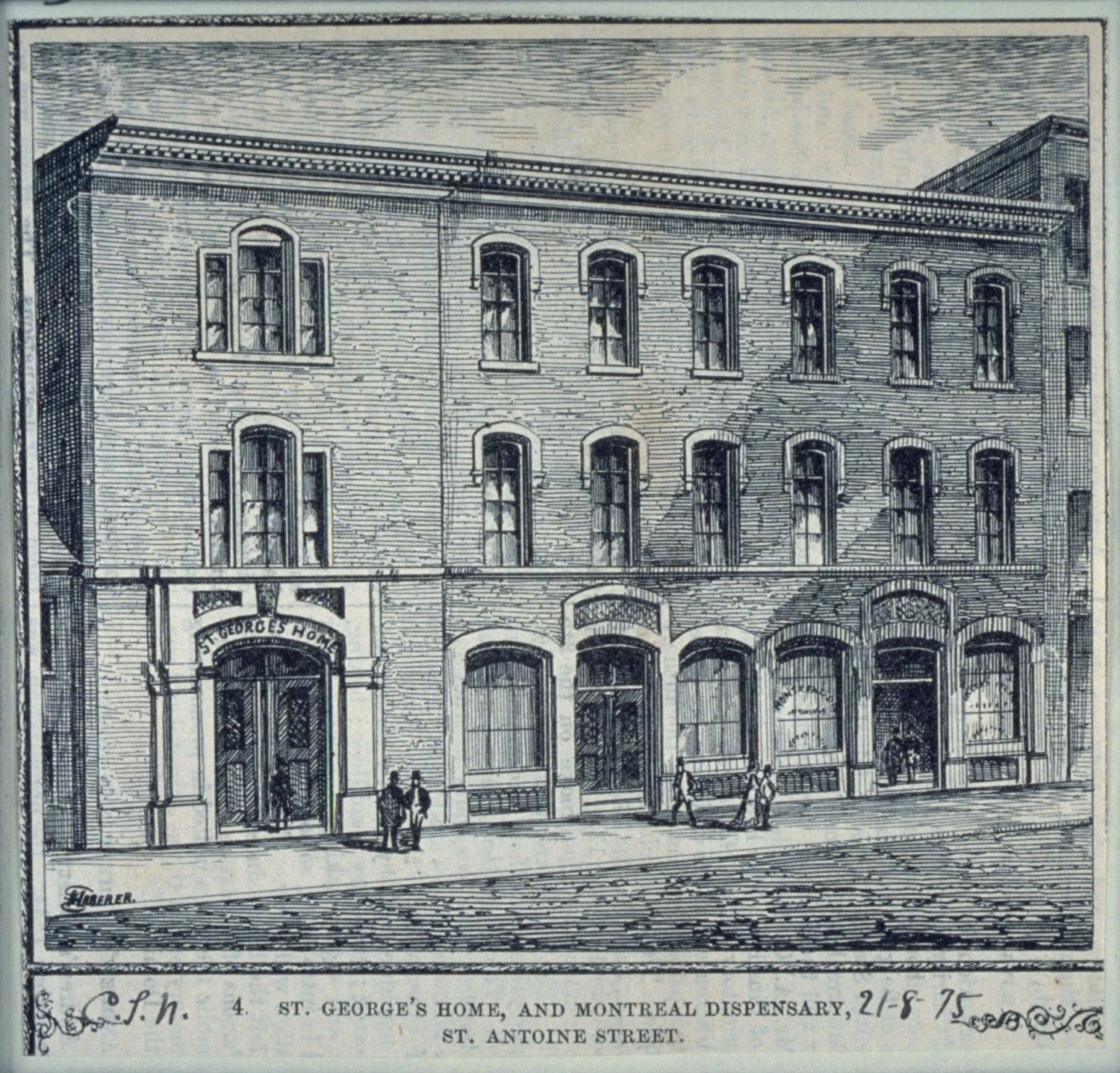 St. George's Home, and Montreal Dispensary, ST. Antoine Street, 1875, Albums Massicotte, BAnQ.